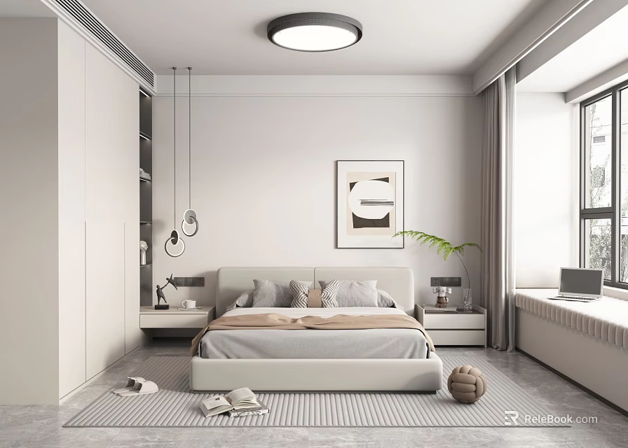 Modern Minimalist Bedroom Interior With White Bed Nightstands Wardrobe Decorative Painting And Rug Curtains 3d model 
