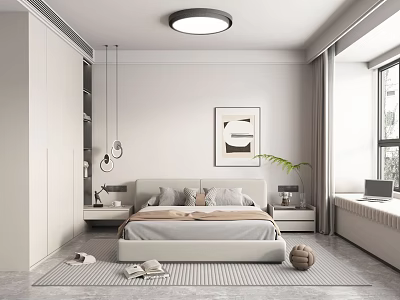 Modern Minimalist Bedroom Interior With White Bed Nightstands Wardrobe Decorative Painting And Rug Curtains 3d model
