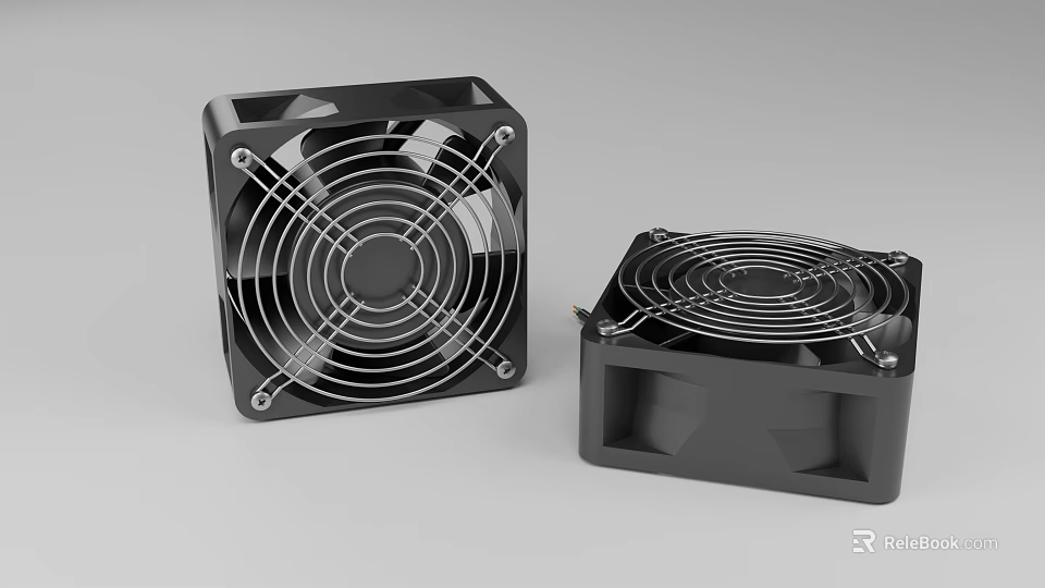 Two Black Square-Shaped Air Conditioner Fans with Metal Grille for Cooling Equipment 3d model 