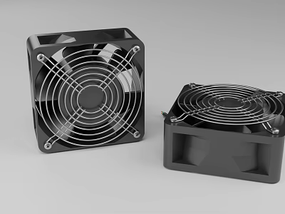 Two Black Square-Shaped Air Conditioner Fans with Metal Grille for Cooling Equipment 3d model