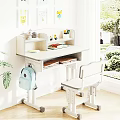 Bright Study Desk with Shelf Books Stationery Chair and Blue Backpack Near Window