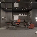 Modern Public Office Space With Office Desk Ergonomic Chairs Bookshelves And Decorative Art