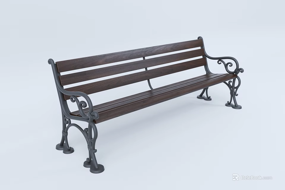 Outdoor Bench With Wooden Slats And Intricate Metal Armrests For Garden Use 3d model 