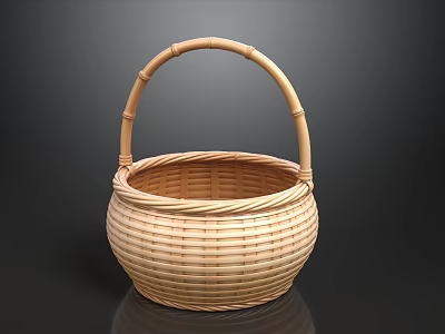 Light Brown Wicker Basket With Bamboo Handle And Woven Texture On Dark Background 3d model