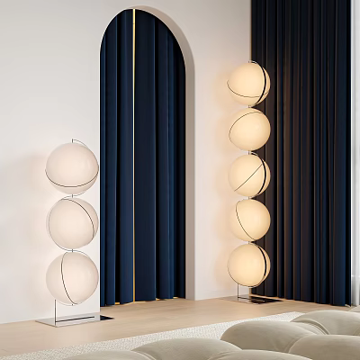 Modern Floor Lamp With Stacked White Globe Shades In Interior With Navy Blue Curtains 3d model