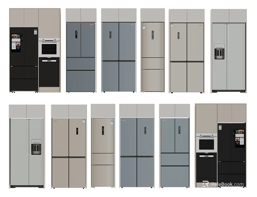 Multiple Refrigerator and Freezer Designs with Different Door Styles and Neutral Color Options 3d model 