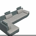 Teal L Shaped Irregular Sofa With Patterned Cushions In Bright Room 3d model