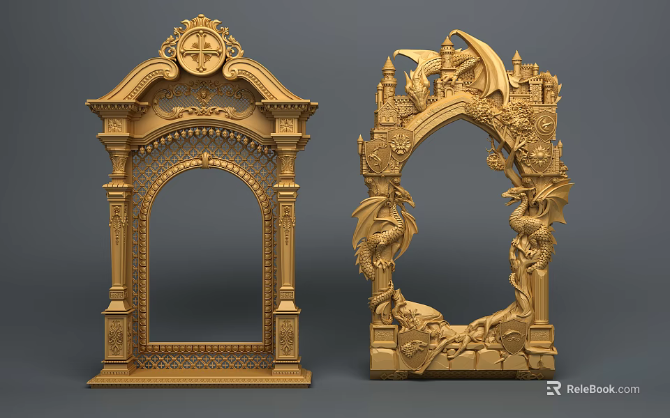 Golden Decorative Ornate Archways Featuring Dragon Castle Carvings And Intricate Details 3d model 