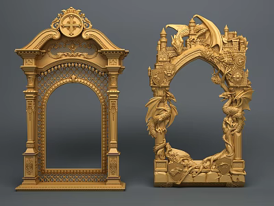 Golden Decorative Ornate Archways Featuring Dragon Castle Carvings And Intricate Details 3d model