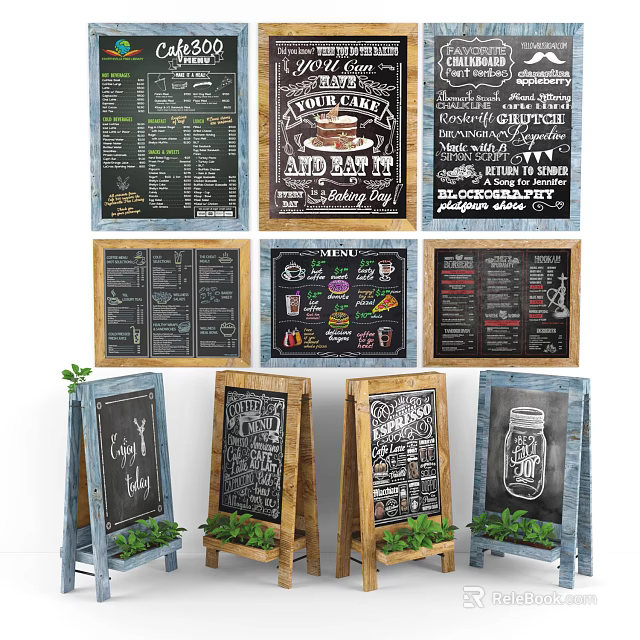 Decorative Chalkboard Menu Boards With Wooden Frames And Various Designs 3d model 