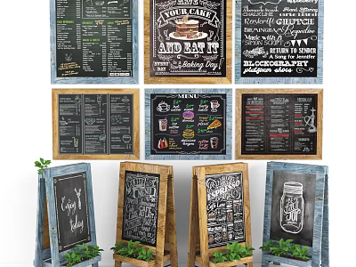 Decorative Chalkboard Menu Boards With Wooden Frames And Various Designs 3d model