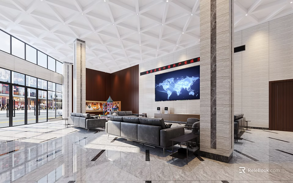 Modern Front Desk Reception Area With Leather Sofas Large World Map Screen And Marble Floor 3d model 