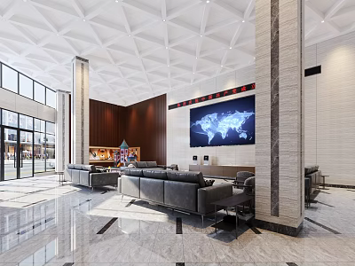 Modern Front Desk Reception Area With Leather Sofas Large World Map Screen And Marble Floor 3d model