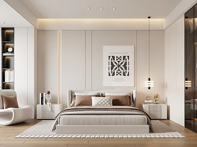 Minimalist Modern Bedroom Interior Design With Platform Bed Nightstands And Decorative Artwork 3d model