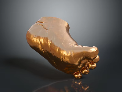 Golden Foot Sculpture With Shiny Metallic Texture On Dark Reflective Background 3d model