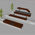 Modern Landscape Seats With Wooden Benches Concrete Bases LED Lights And Potted Plants