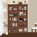 Modern Wooden Bookshelf With Books Decorative Sculptures Photo Frames And Vases