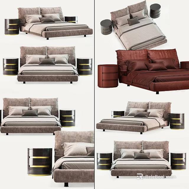 Modern Double Bed Designs With Brown Gray Mattress And Bedside Tables 3d model