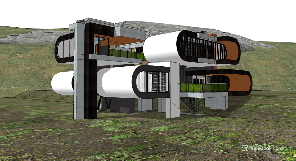 Modern Detached Villa With Cylindrical Structures Black Gray Frames And Natural Landscape 3d model 