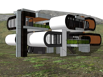 Modern Detached Villa With Cylindrical Structures Black Gray Frames And Natural Landscape 3d model