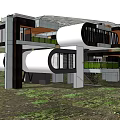 Modern Detached Villa With Cylindrical Structures Black Gray Frames And Natural Landscape 3d model