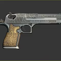 Intricately Engraved Pistol Sculpture With Silver Body And Golden Grip Patterns