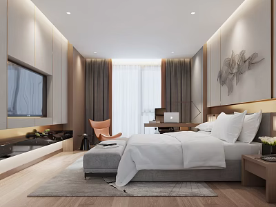 Hotel Room Interior Design With Comfortable Bed White Sheets TV Desk And Window Curtains 3d model