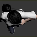 Child With Black Ponytail Wearing Mask White Top Black Leggings Blue Sneakers Gray Background