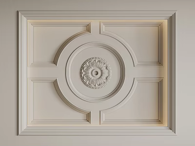 Decorative White Ceiling Design With Circular Medallion Frame Moldings And Recessed Lighting 3d model