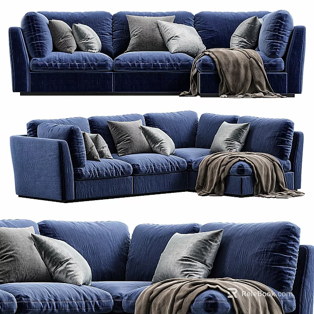 Navy Blue Sectional Sofa with Plush Pillows and Cozy Throw Blanket 3d model