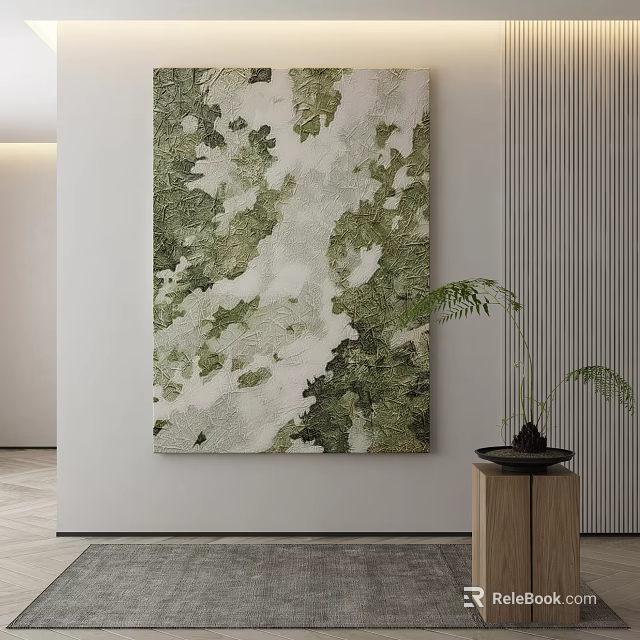 Large Green White Abstract Wall Art With Fern Plant In Wooden Planter Modern Interior 3d model 