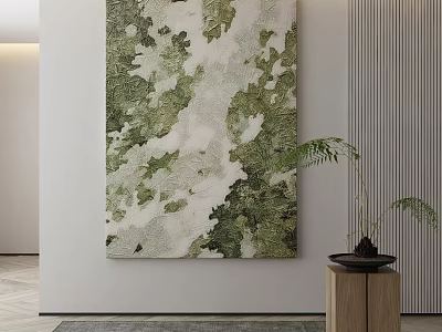 Large Green White Abstract Wall Art With Fern Plant In Wooden Planter Modern Interior 3d model