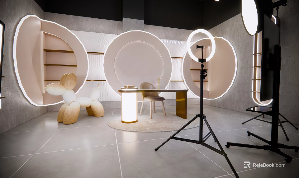 Public Office Space With Circular Designs White Beige Color Scheme Desk Chair Floor Lamp 3d model 