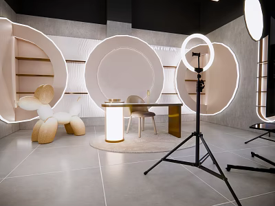 Public Office Space With Circular Designs White Beige Color Scheme Desk Chair Floor Lamp 3d model
