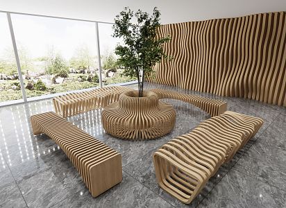 Modern Public Chair Solid Wood Seat Outdoor Seat Sofa 3d model