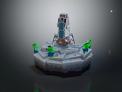 Cartoon Style Blocky Scene With Central Tower And Green Figures On Platform 3d model
