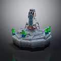 Cartoon Style Blocky Scene With Central Tower And Green Figures On Platform