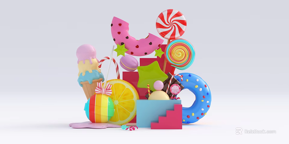 Vibrant Candy Assortment With Lollipop Ice Cream Donut Lemon Slice And Macaron 3d model 