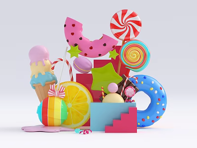 Vibrant Candy Assortment With Lollipop Ice Cream Donut Lemon Slice And Macaron 3d model