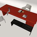 Modern Red Desk Interior With Chair Books And Decorative Ornaments