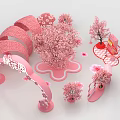 Floral Art Installation with Pink Cherry Blossom Trees Arch Decorations and Peach Garden Elements