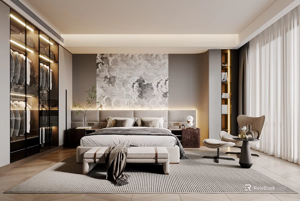 Modern Bedroom Interior With Comfortable Bed Decorative Wall Nightstands And Area Rug 3d model 