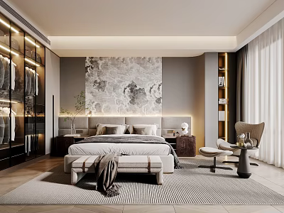 Modern Bedroom Interior With Comfortable Bed Decorative Wall Nightstands And Area Rug 3d model