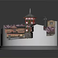 Cartoon Scene of Traditional Buildings with Cherry Blossom Tree Tram and Railway Track on Round Platform