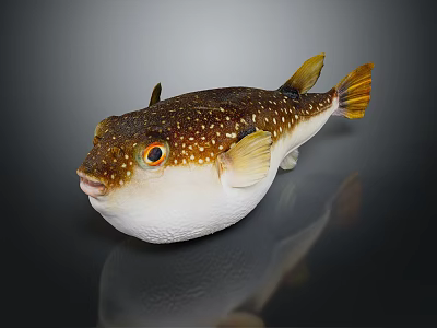 Pufferfish With Brown Spotted Body White Belly Orange Eyes And Yellow Fins On Dark Background 3d model