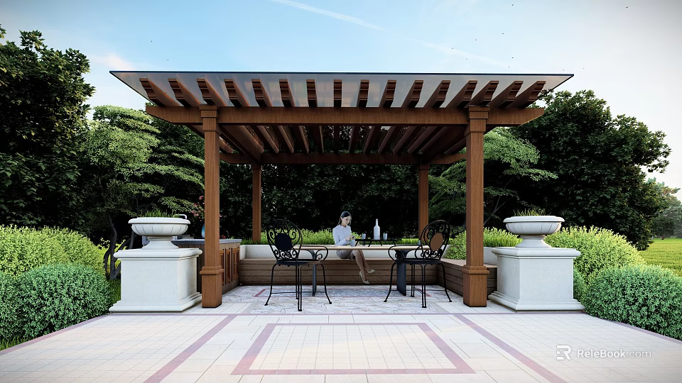 Wooden Pergola Outdoor Garden Relaxation Area With Stone Planters Table Chairs And Green Plants 3d model 