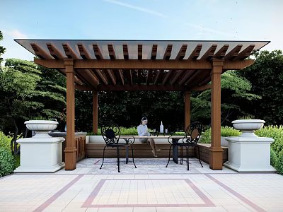 Wooden Pergola Outdoor Garden Relaxation Area With Stone Planters Table Chairs And Green Plants 3d model
