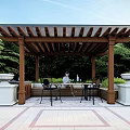 Wooden Pergola Outdoor Garden Relaxation Area With Stone Planters Table Chairs And Green Plants