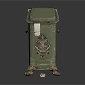 Green Metal Trash Can With Lid Decorative Emblem And Wheeled Base