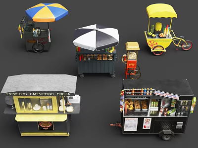 Colorful Street Food Carts And Stalls With Umbrellas And Various Foods 3d model